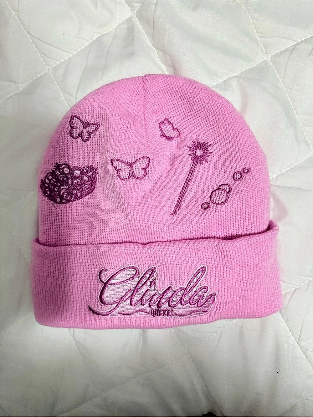 Wicked Glinda Pink Embroidered Beanie Hat NWOT